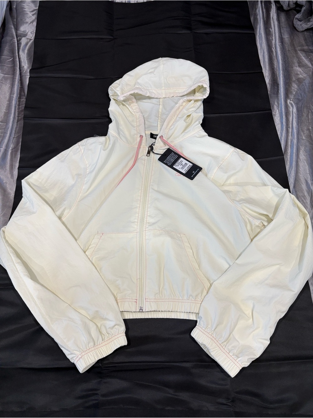 True Religion Cream Hooded Bomber Jacket with Pink Accents